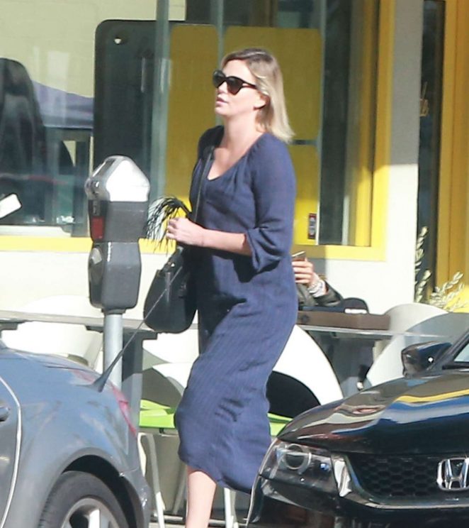 Charlize Theron in Blue Long Dress out in Studio City
