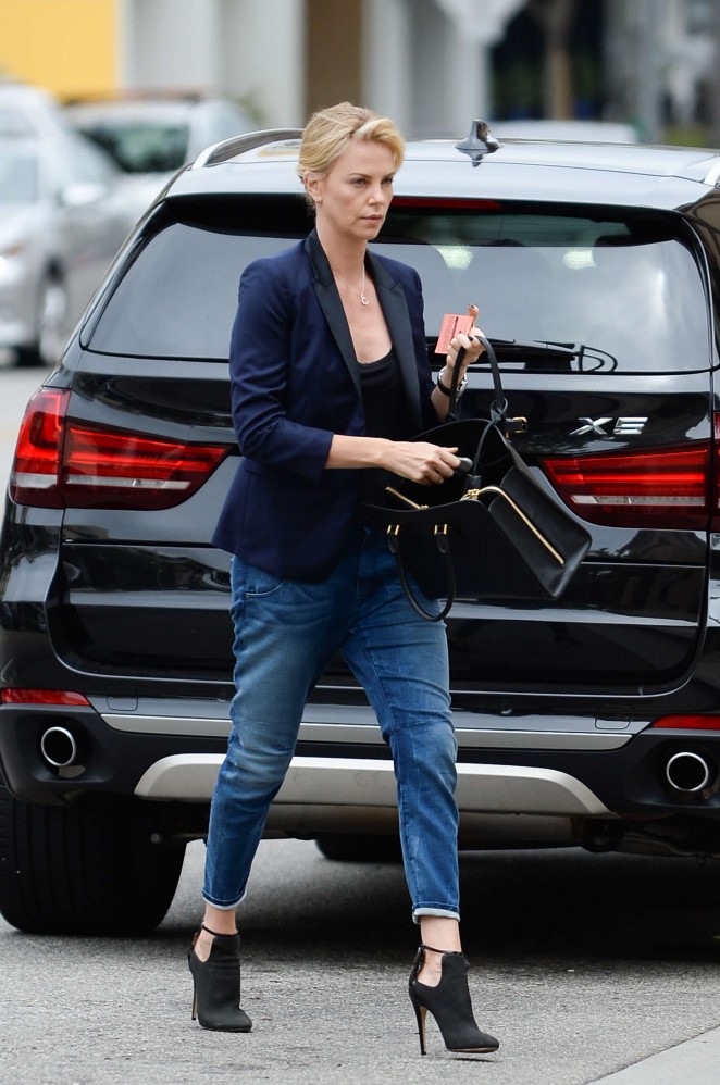 Charlize Theron in Jeans Outside Bouchon Restaurant