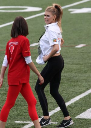 Charlotte McKinney and Olivia Culpo showing off their football skills in Boston
