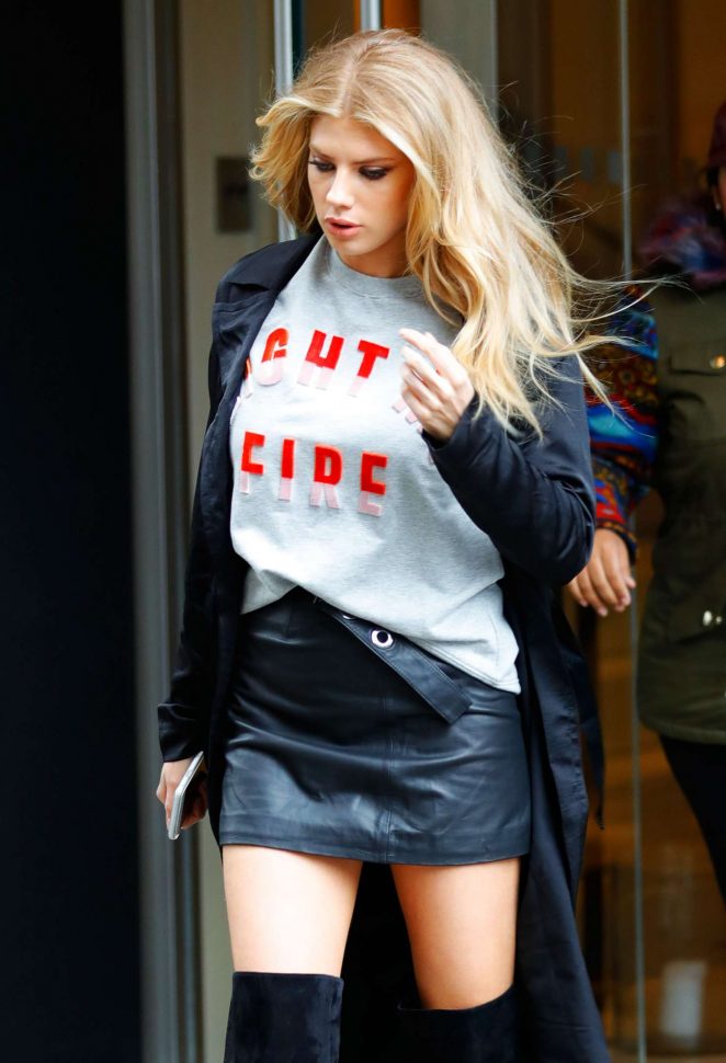 Charlotte McKinney in Short Leather Skirt out in New York