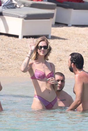 Chiara Ferragni - In a pink bikini on the beach in Mykonos