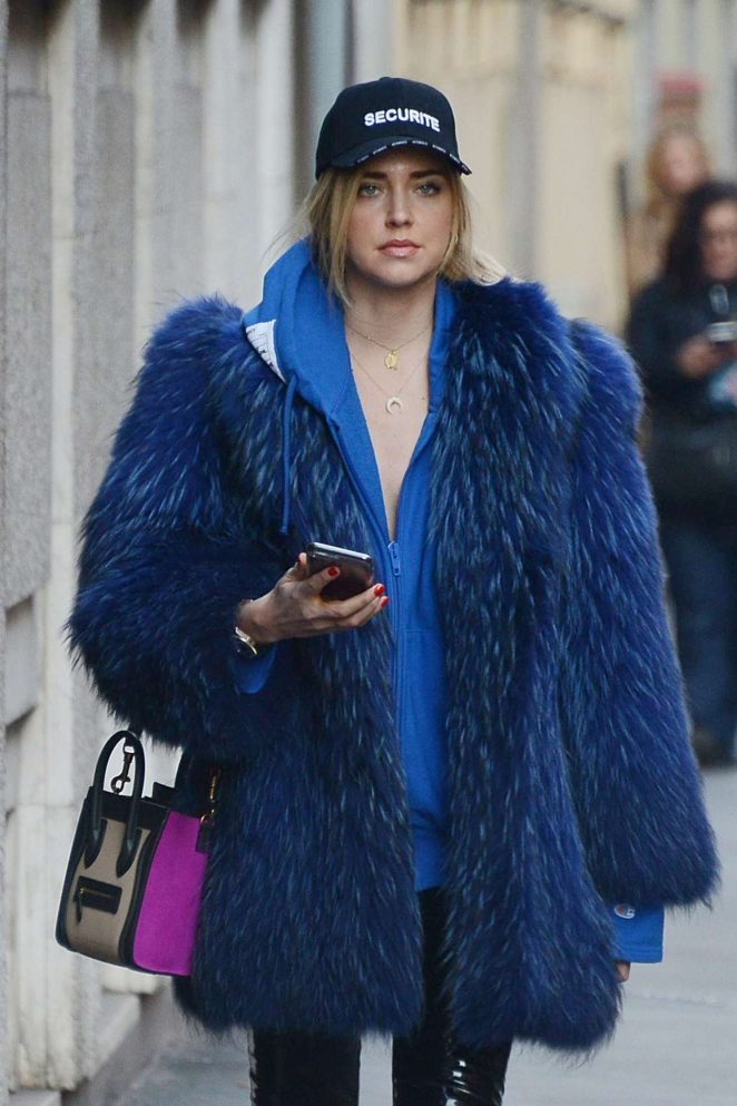 Chiara Ferragni in Blue Fur Coat out in Milan