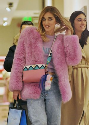 Chiara Ferragni in Pink Fur Coat Shopping in Milan