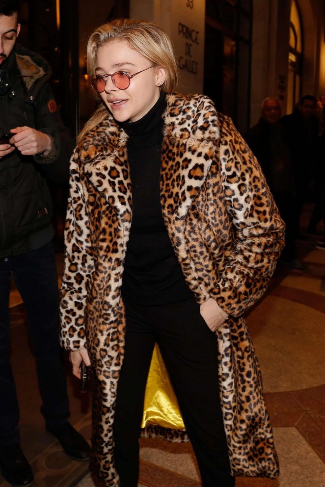 Chloe Moretz in Leopard Print Coat - Arrives at her hotel in Paris