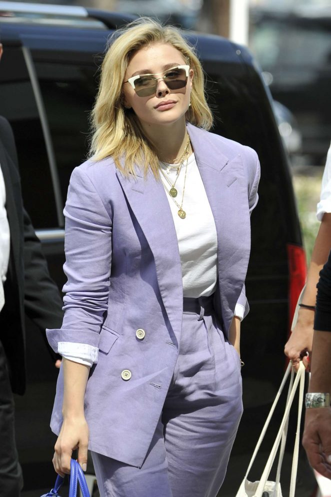 Chloe Moretz in Purple Suit - Arrives in Venice