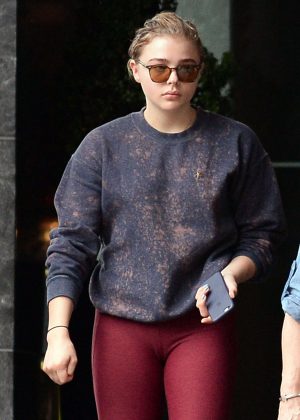 Chloe Moretz in Red Tights Leaving her hotel in NYC