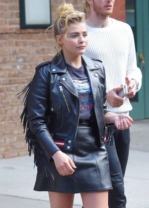 Chloe Moretz in Short Leather Skirt Out in Manhattan