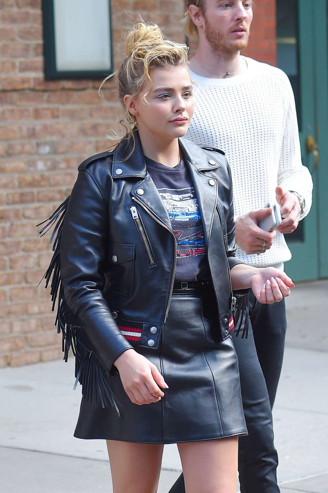 Chloe Moretz in Short Leather Skirt Out in Manhattan
