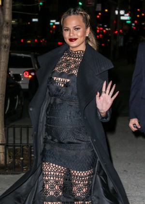Chrissy Teigen in Black Tight Dress Night out in NYC
