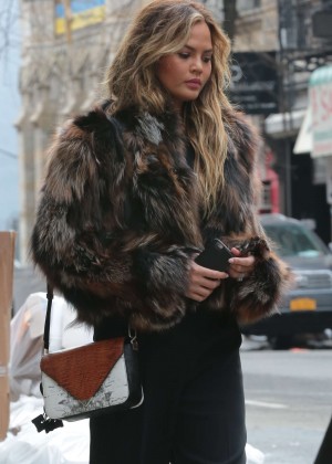 Chrissy Teigen in Fur Coat Out in NYC