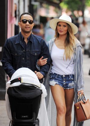 Chrissy Teigen in Jeans Shorts out in NYC