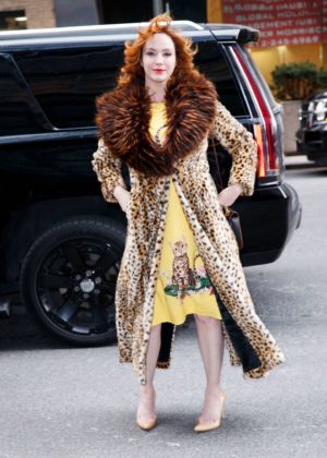 Christina Hendricks in Leopard Print Coat - Out in New York