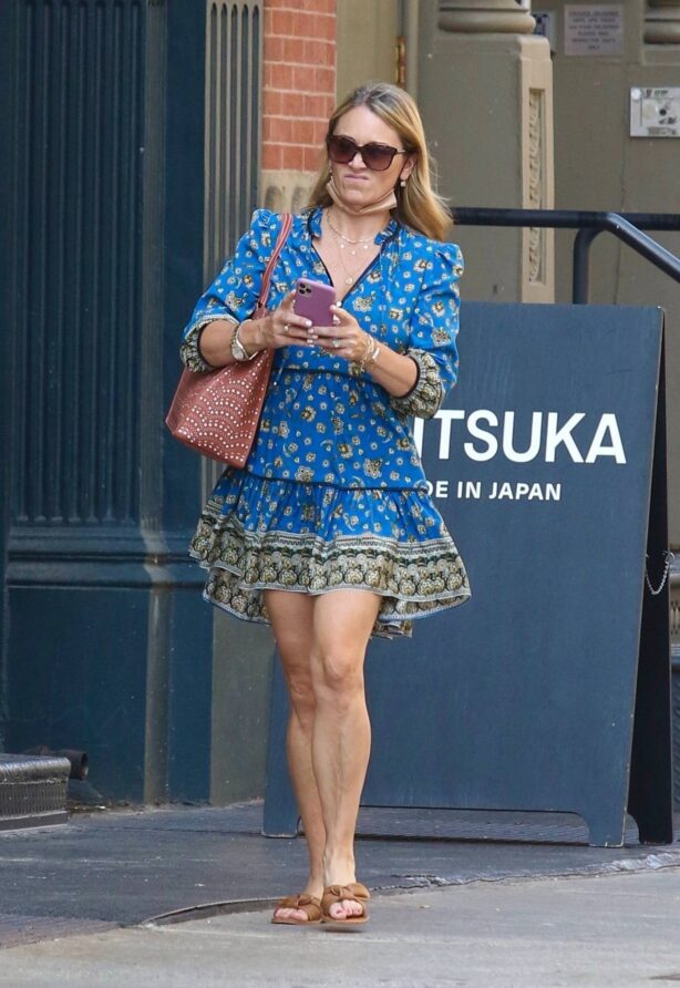 Christine Taylor - Wearing a blue summer dress in New York