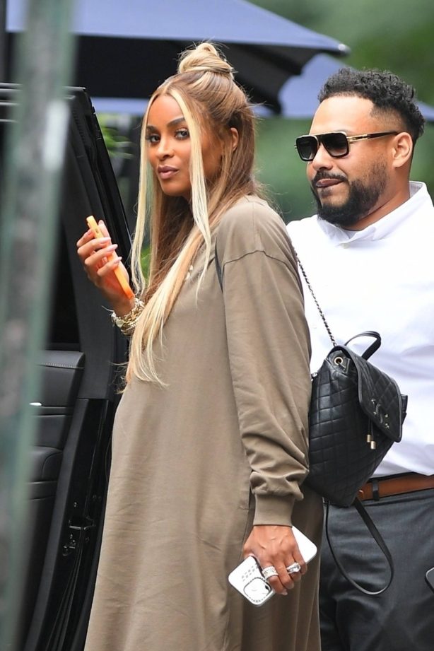 Ciara - Pictured in her brown long-sleeve midi dress at Sadelle's in New York
