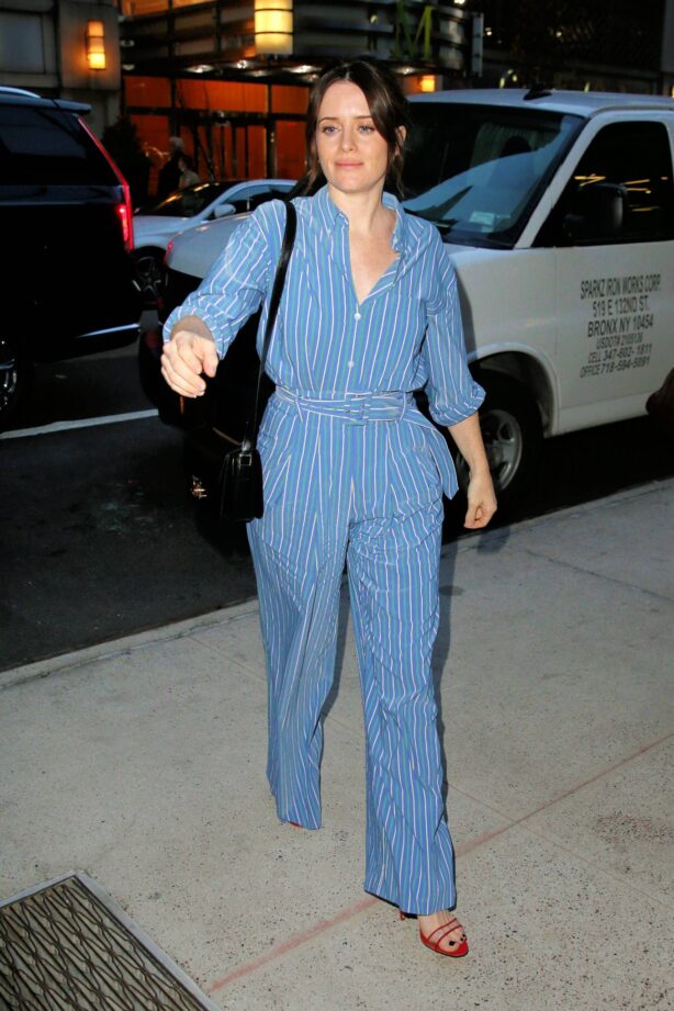Claire Foy - In a blue pinstripe jumpsuit outside the Robin Williams Center in NY