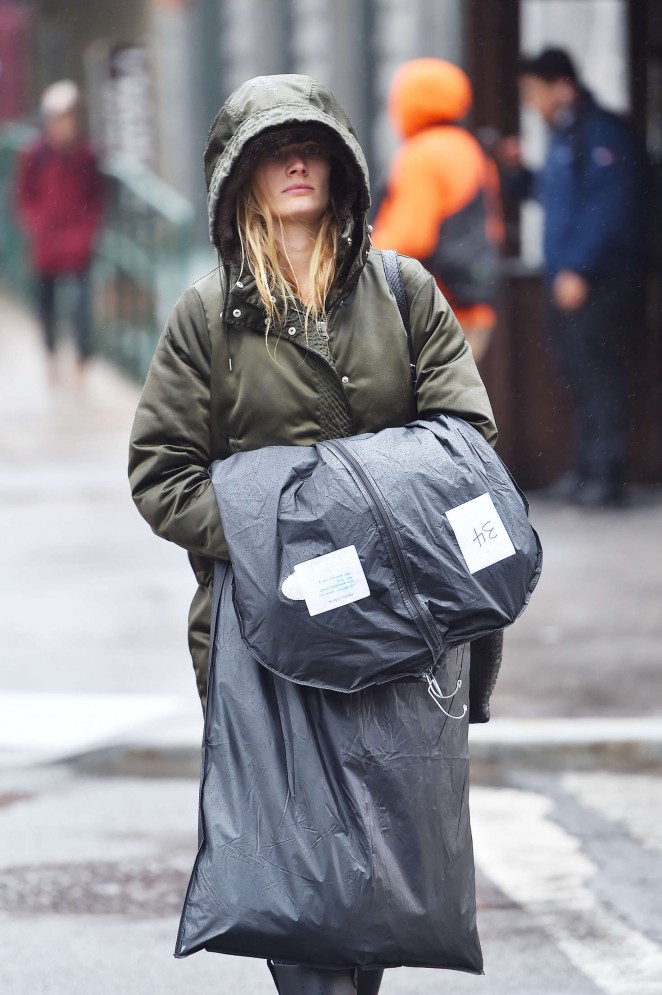 Constance Jablonski out on a rainy day in New York