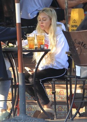 Corinne Olympios with a friend at Urth Caffe in West Hollywood