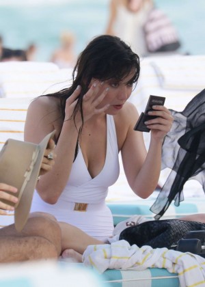 Daisy Lowe in White Swimsuit in Miami
