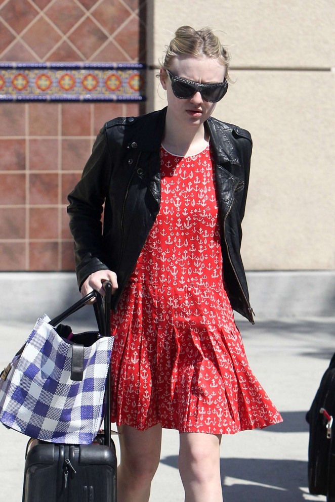 Dakota Fanning in Red Mini Dress at Burbank Airport in LA