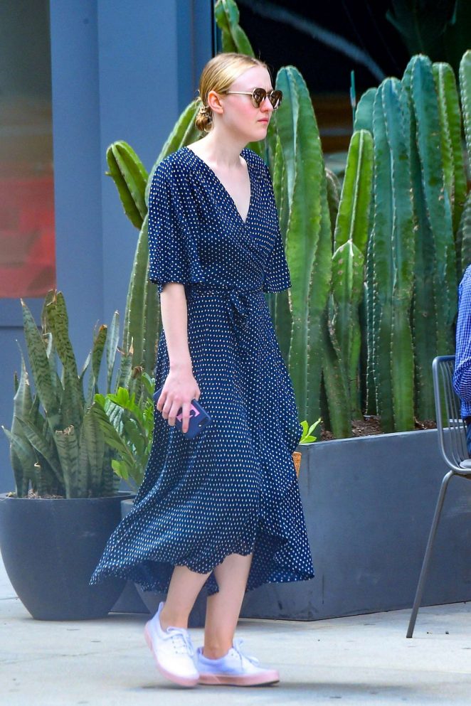 Dakota Fanning in Blue Long Dress out in New York