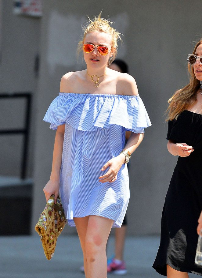 Dakota Fanning in Blue Mini Dress out in Manhattan