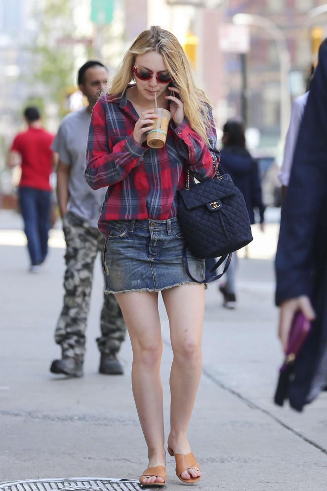 Dakota Fanning in Jeans Mini Skirt in New York