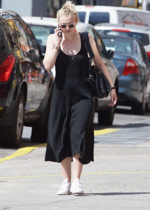 Dakota Fanning in Long Black Dress in SoHo