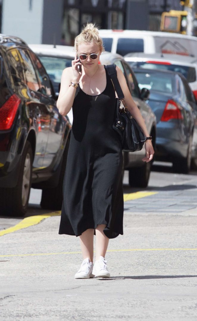 Dakota Fanning in Long Black Dress in SoHo