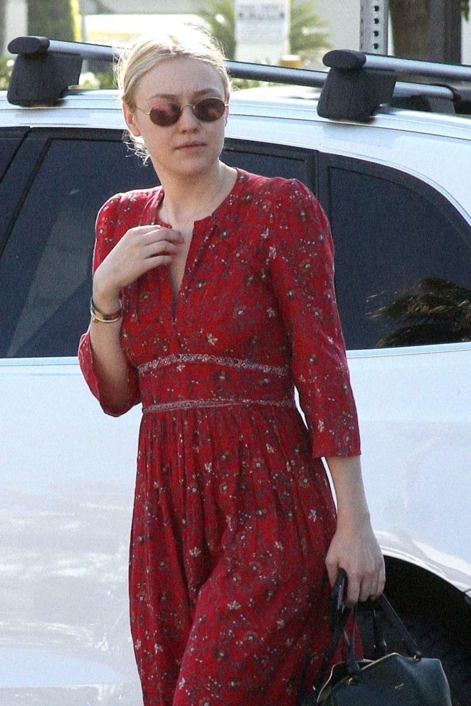 Dakota Fanning in Red Dress out for lunch in Studio City