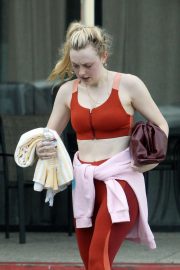 Dakota Fanning in Red Gym Outfit - Leaves the gym in Los Angeles