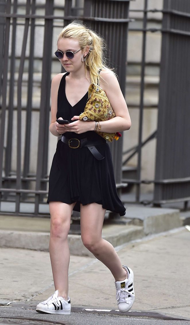Dakota Fanning in Short Black Dress out in NYC