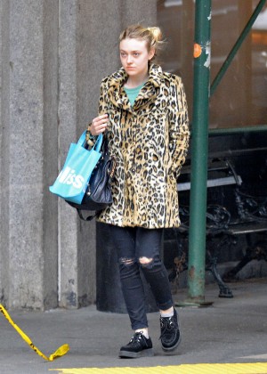 Dakota Fanning in Leopard Print Coat Out in NYC