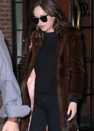 Dakota Johnson in Fur Caot Leaves Her Hotel in New York