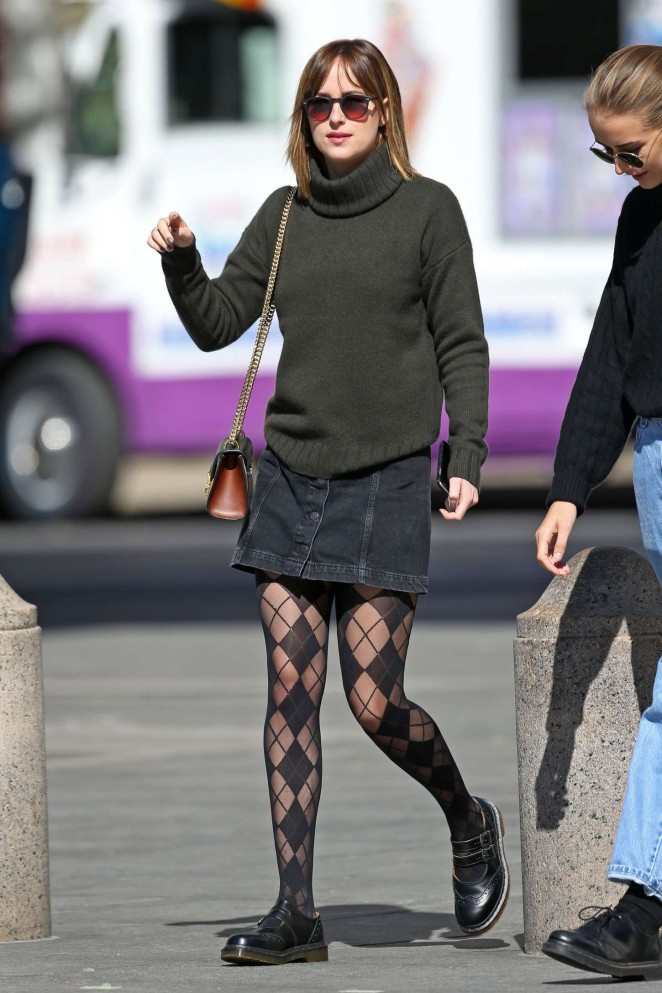 Dakota Johnson in Mini Skirt Out in NYC