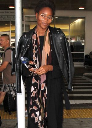 Damaris Lewis in Leather Jacket at LAX in Los Angeles