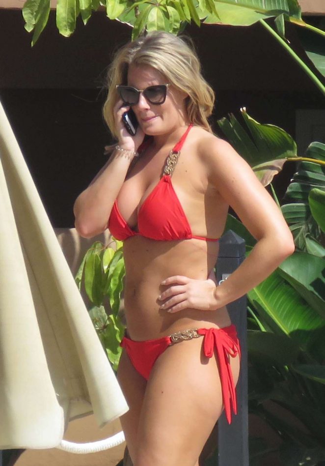 Danielle Armstrong in Red Bikini at a pool in Malaga