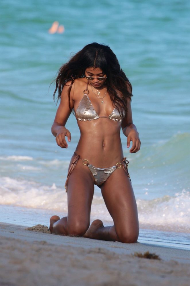 Danielle Herrington in Silver Bikini on the beach in Miami Beach