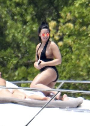 Demi Lovato in Black Swimsuit on a Yacht in Miami
