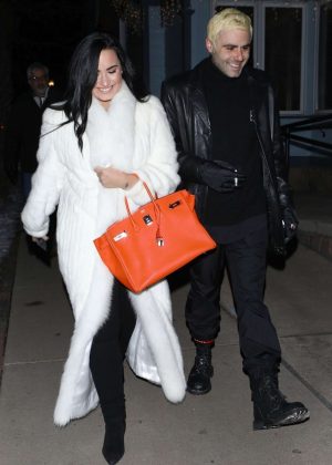 Demi Lovato in White Fur Coat with Henri Levy - Out in Aspen