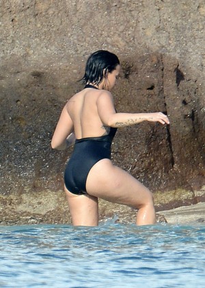 Demi Lovato - Wearing Black Swimsuit in St. Bart's