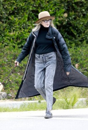 Diane Keaton - Taking her dog for a walk in Brentwood