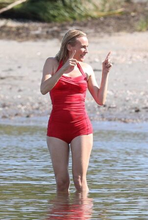 Diane Kruger - In a red bathing suit on the set of 'Out of the Blue' in Warwick