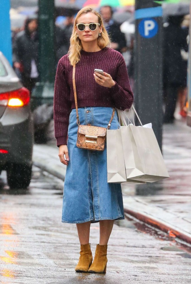 Diane Kruger in Jeans Skirt Shopping in New York
