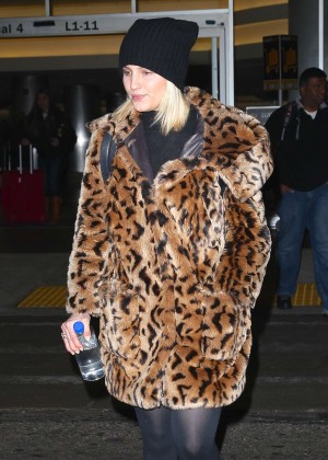Dianna Agron in Leopard Print Coat at Lax Airport in LA