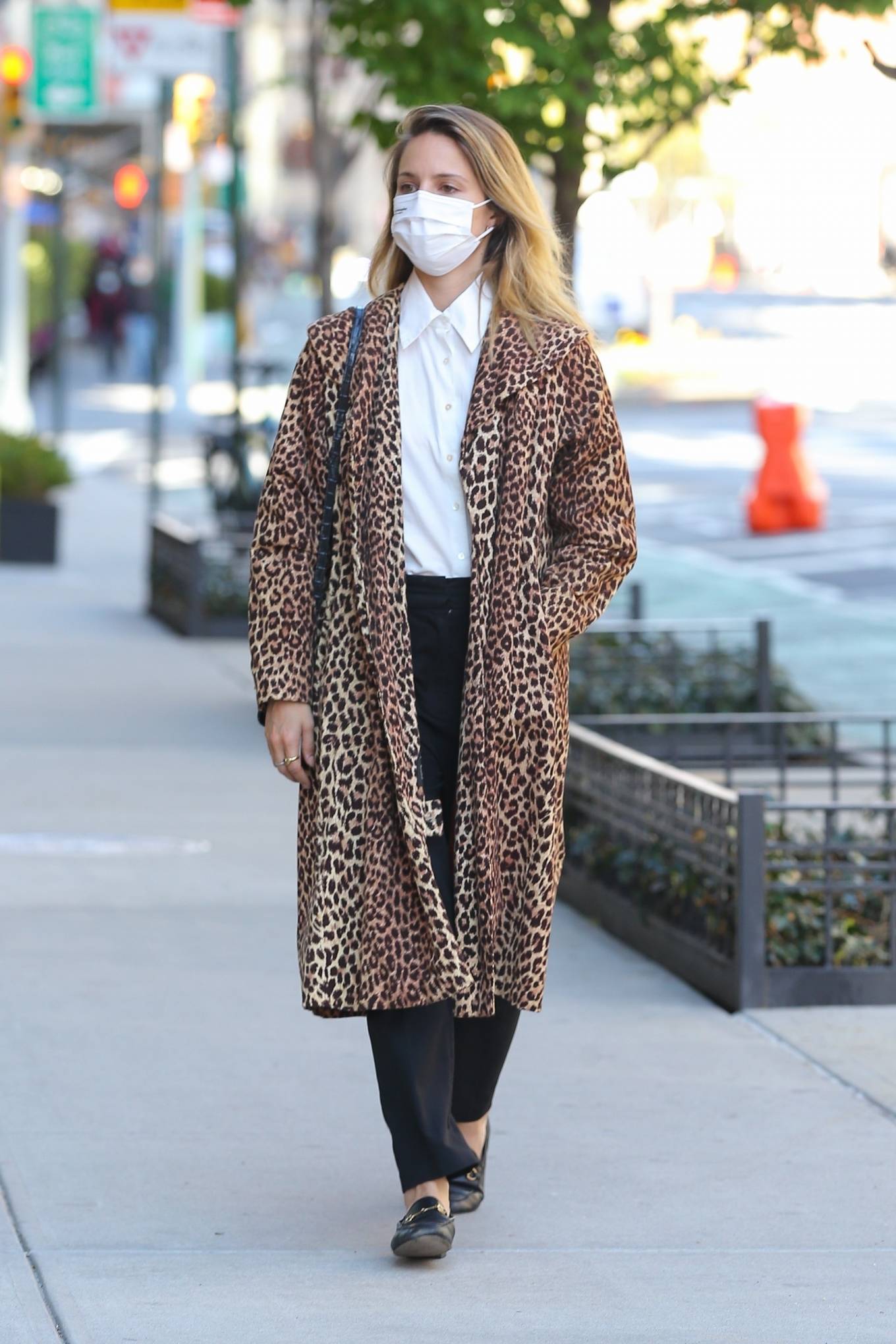 Dianna Agron - In a leopard print overcoat while out in New York