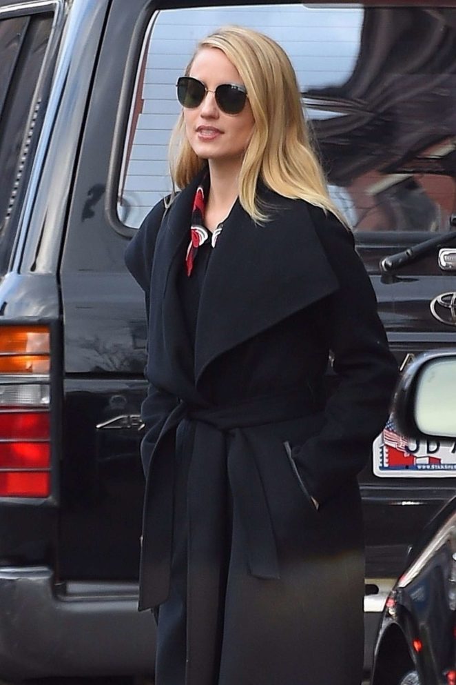 Dianna Agron in a long coat out in New York