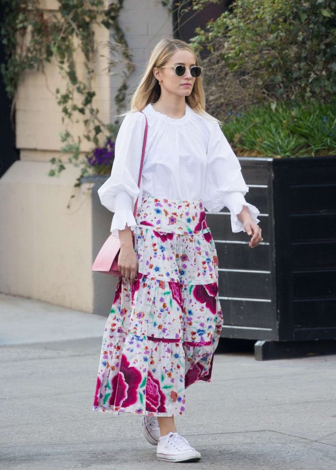Dianna Agron in long floral skirt out in Soho