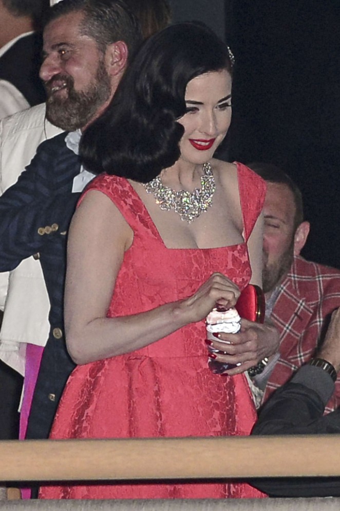 Dita Von Teese in Red Dress at private party in Cannes