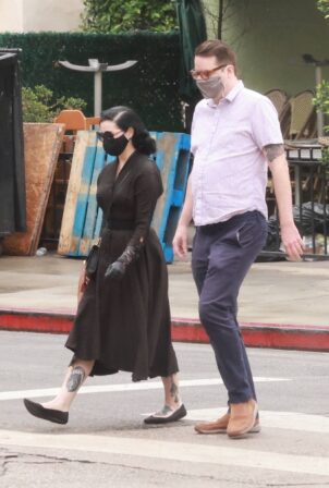 Dita Von Teese - Seen at Little Dom's in Los Feliz with a male friend