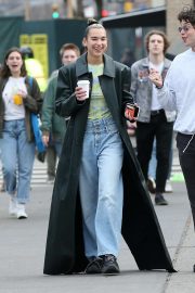 Dua Lipa in Long Leather Coat - Out and about in New York City